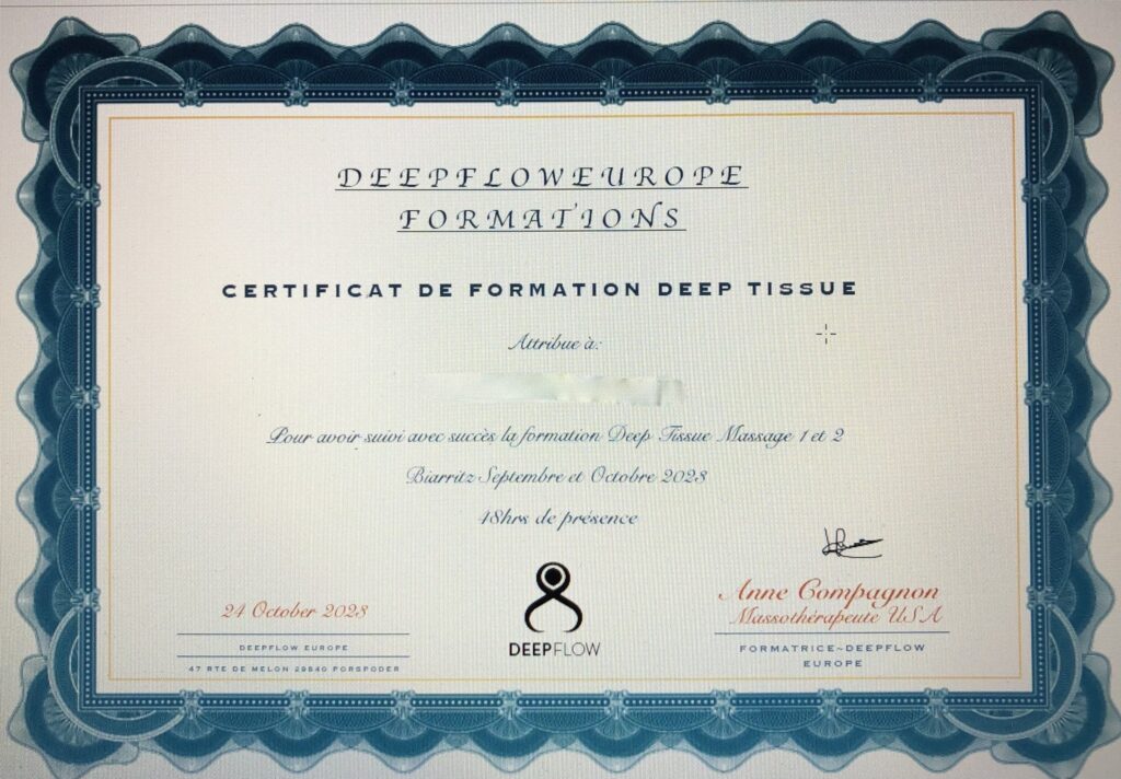 Certificat de formation professionnelle Deep Tissue